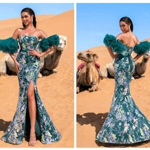 Emerald Floral Off-Shoulder Mermaid Dress with Tulle Sleeves